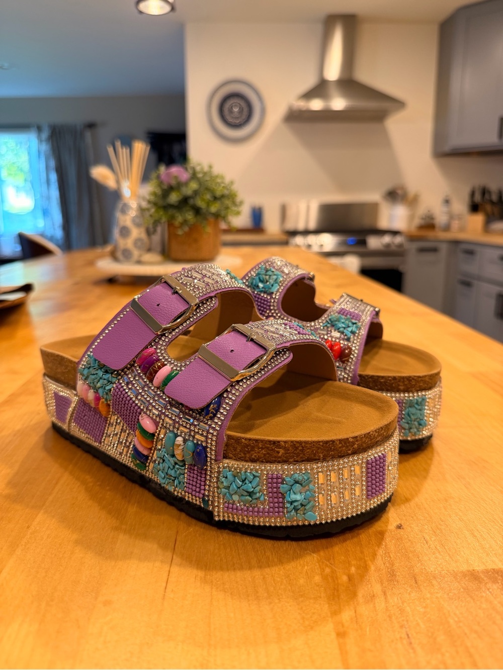 NWOT Purple Beaded Platform Sandals - Women's Comfortable Slide